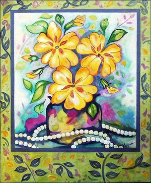 Poppies In A Vase (Golden Blooms) by Manju Lamba, Original Acrylic Still-Life Painting on Canvas, Small Vertical Wall Art
