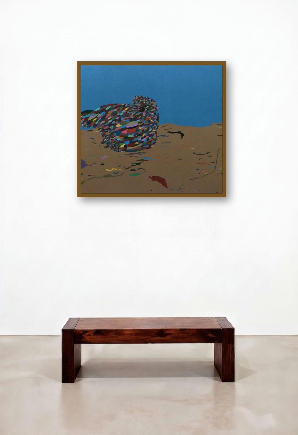 Popping Night In Village (Avian Odyssey) by artist Kiran Gunjkar displayed in a Japandi Penthouse