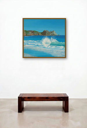 Porthcurno Wave (Porthcurnos Breaker) by artist SIMON MASON displayed in a Classic Bedroom