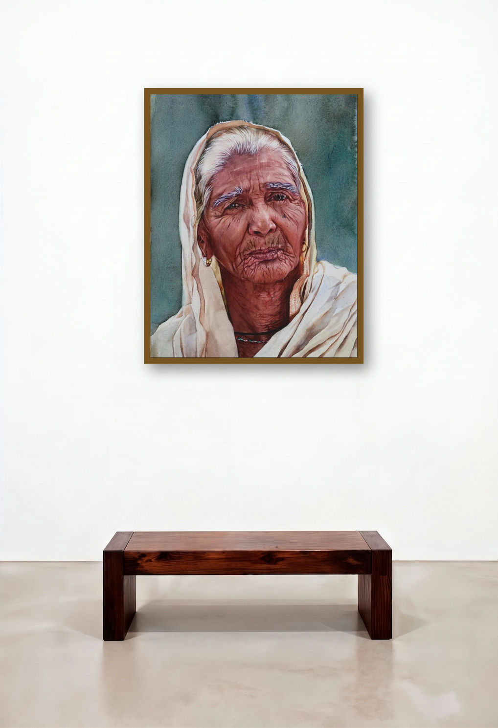 Portrait Old Lady Realism (Lines of Time) by artist Dr Uday Bhan displayed in a Art Deco Home Office