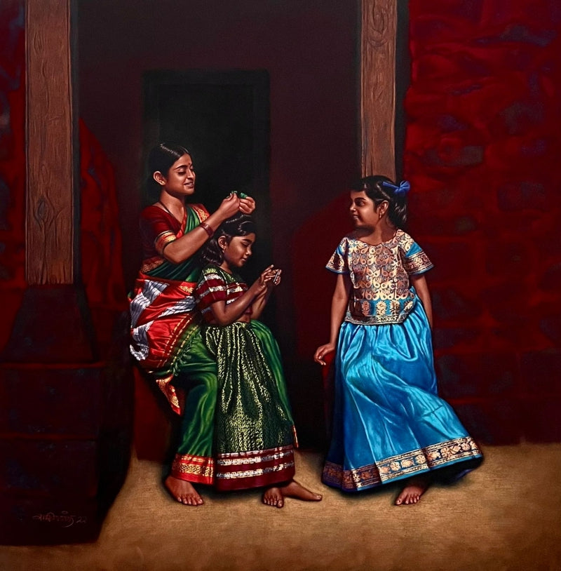 Portrait Series 1' figurative mixed-media drawing by artist Shashikant Dhotre, 40x40 inch, on paper