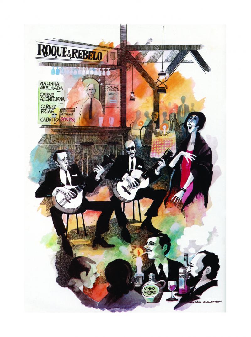 Figurative pen ink painting titled 'Portuguese restaurant in New York', 29x21 inches, by artist Mario Miranda on Paper