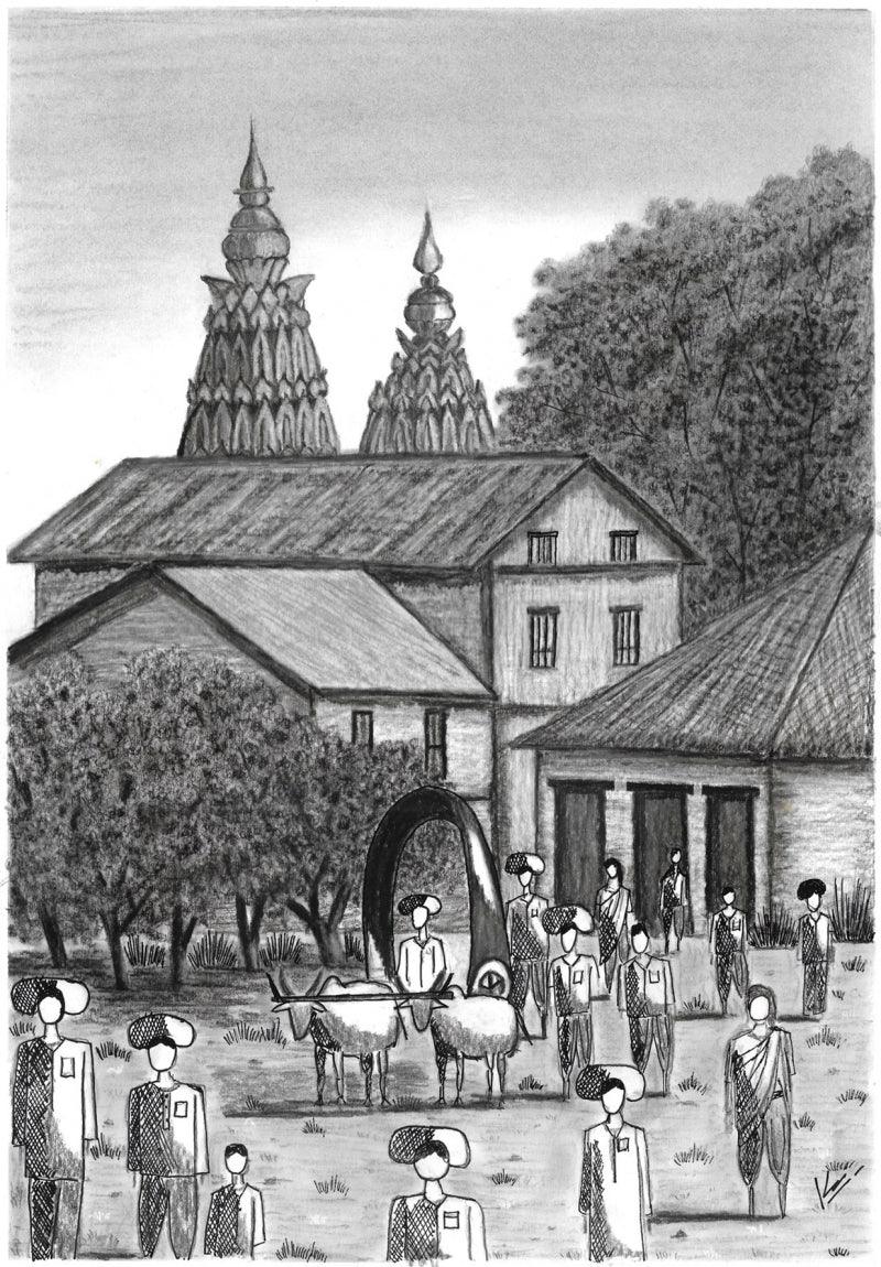 Landscape mixed-media drawing titled 'Positive Vibes 1', 17x12 inch, by artist Kunal Girme on Acid Free Paper