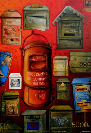Post Box (Correspondence Crossroads) by Samir Sarkar, Original Acrylic Figurative Painting on Canvas, X-Large Vertical Wall Art