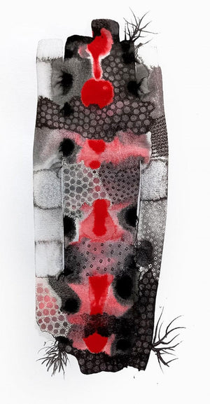 Power Of Control (Crimson Flow) by Huma Khan, Original Acrylic Ink Abstract Painting on Paper, Small Vertical Wall Art