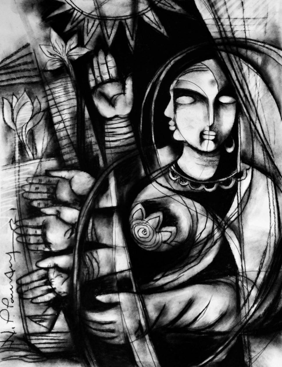 Figurative charcoal painting titled 'Power Of Women C', 27x21 inches, by artist N P Pandey on Paper