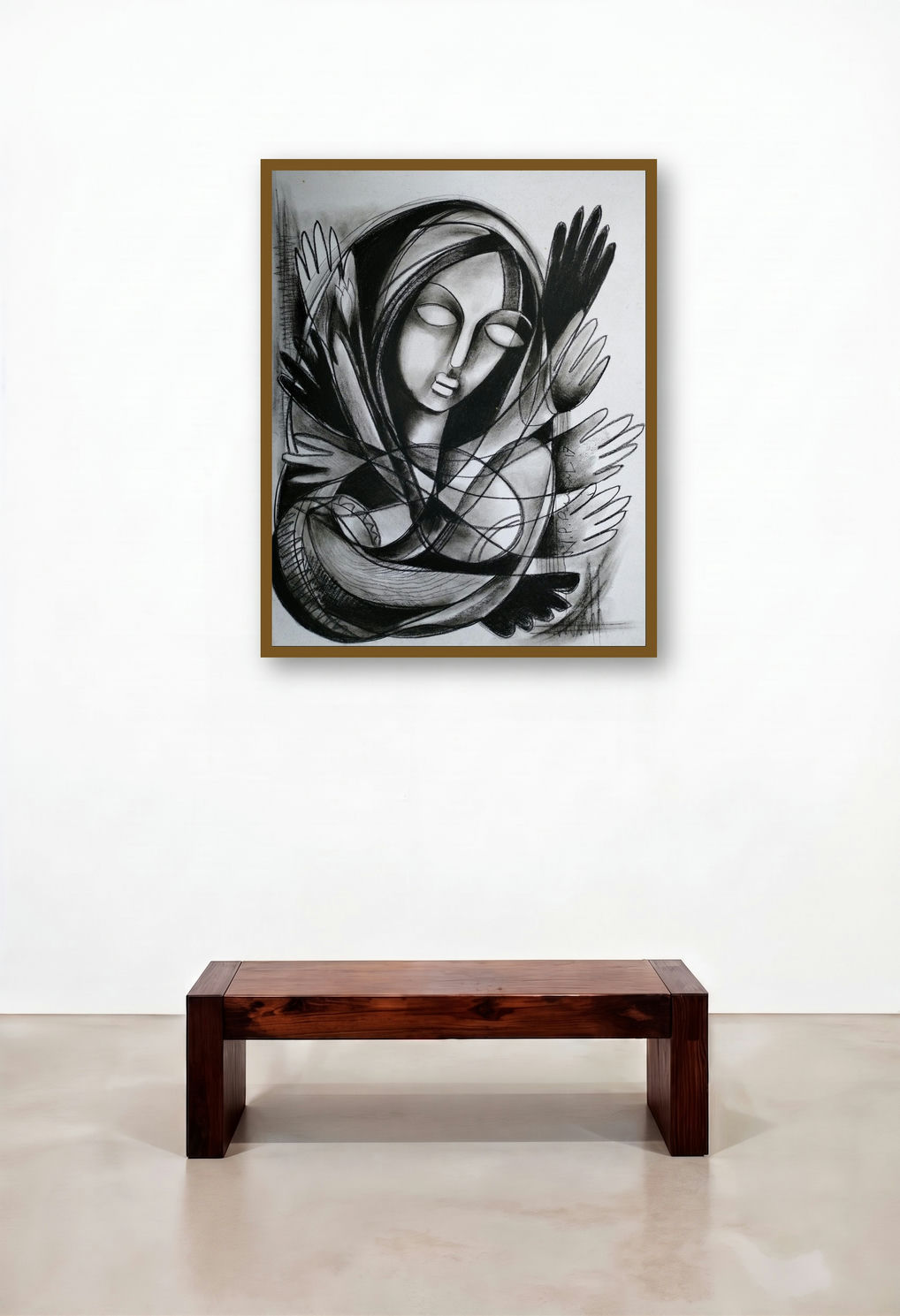 Power Of Women E (The Embraced Soul) by artist N P Pandey displayed in a Contemporary Luxury Executive Office