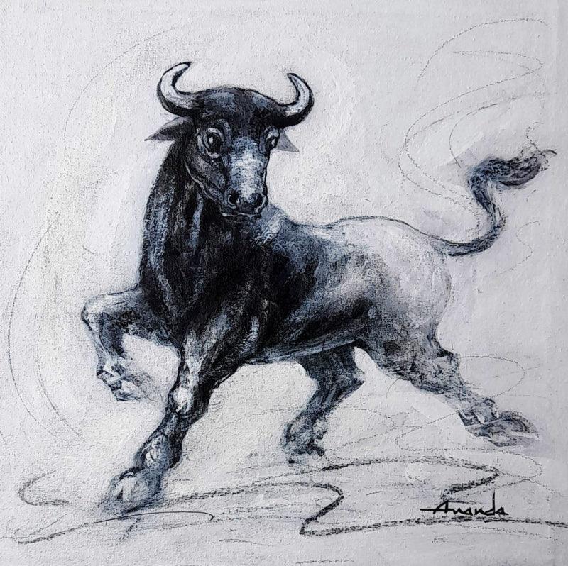 Animals acrylic charcoal painting titled 'Powerful Bull Series 2', 12x12 inches, by artist Ananda Das on Canvas