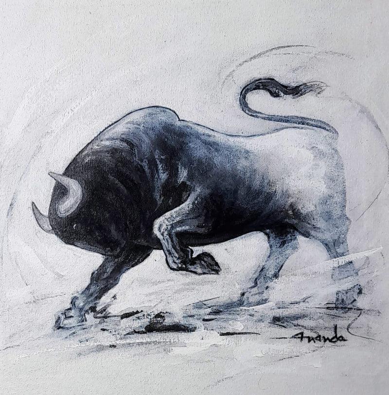 Animals acrylic charcoal painting titled 'Powerful Bull Series 3', 12x12 inches, by artist Ananda Das on Canvas