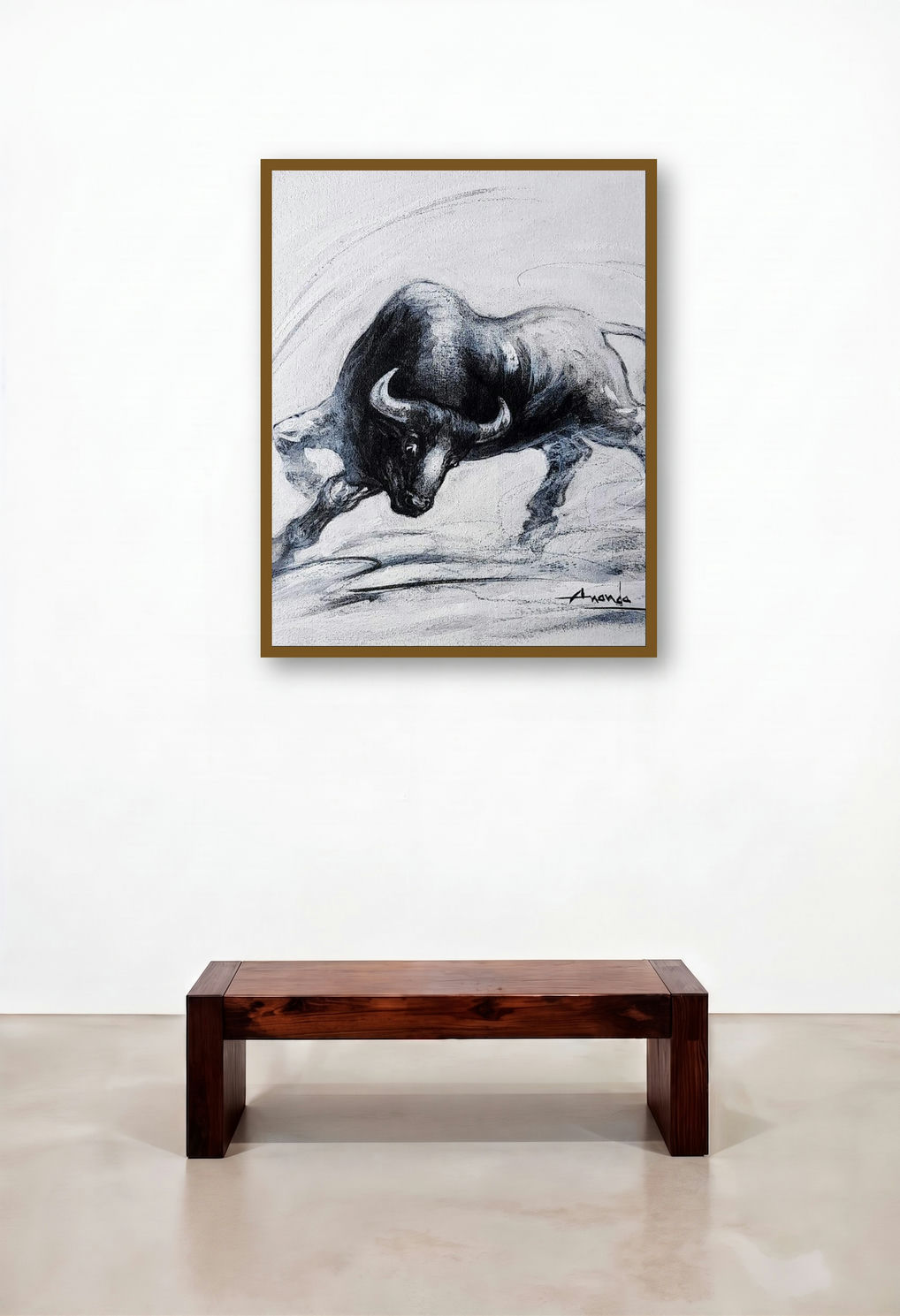 Powerful Bull Series 5 (Power Unleashed**) by artist Ananda Das displayed in a Minimalist Lounge