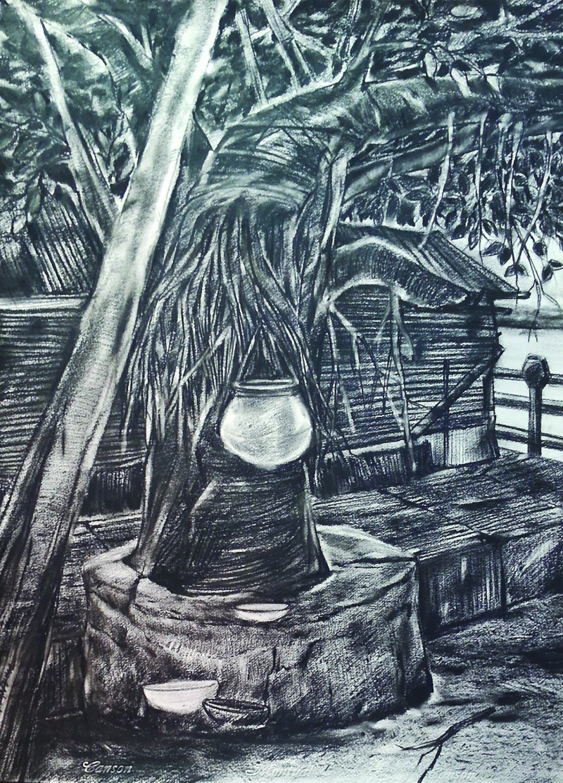 'Prakriti 2' landscape charcoal drawing by artist Pintu Biswas, 30x22 inch, on paper
