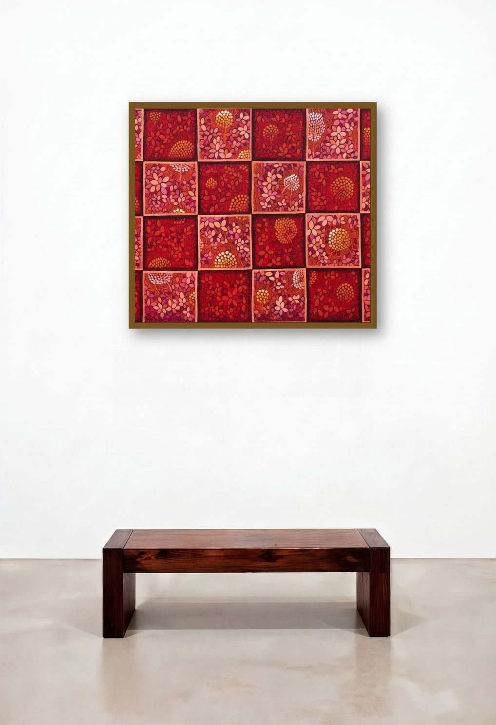 Prakriti Series 1 (Crimson Garden) by artist Nitu Chhajer displayed in a Rustic Hotel Suite