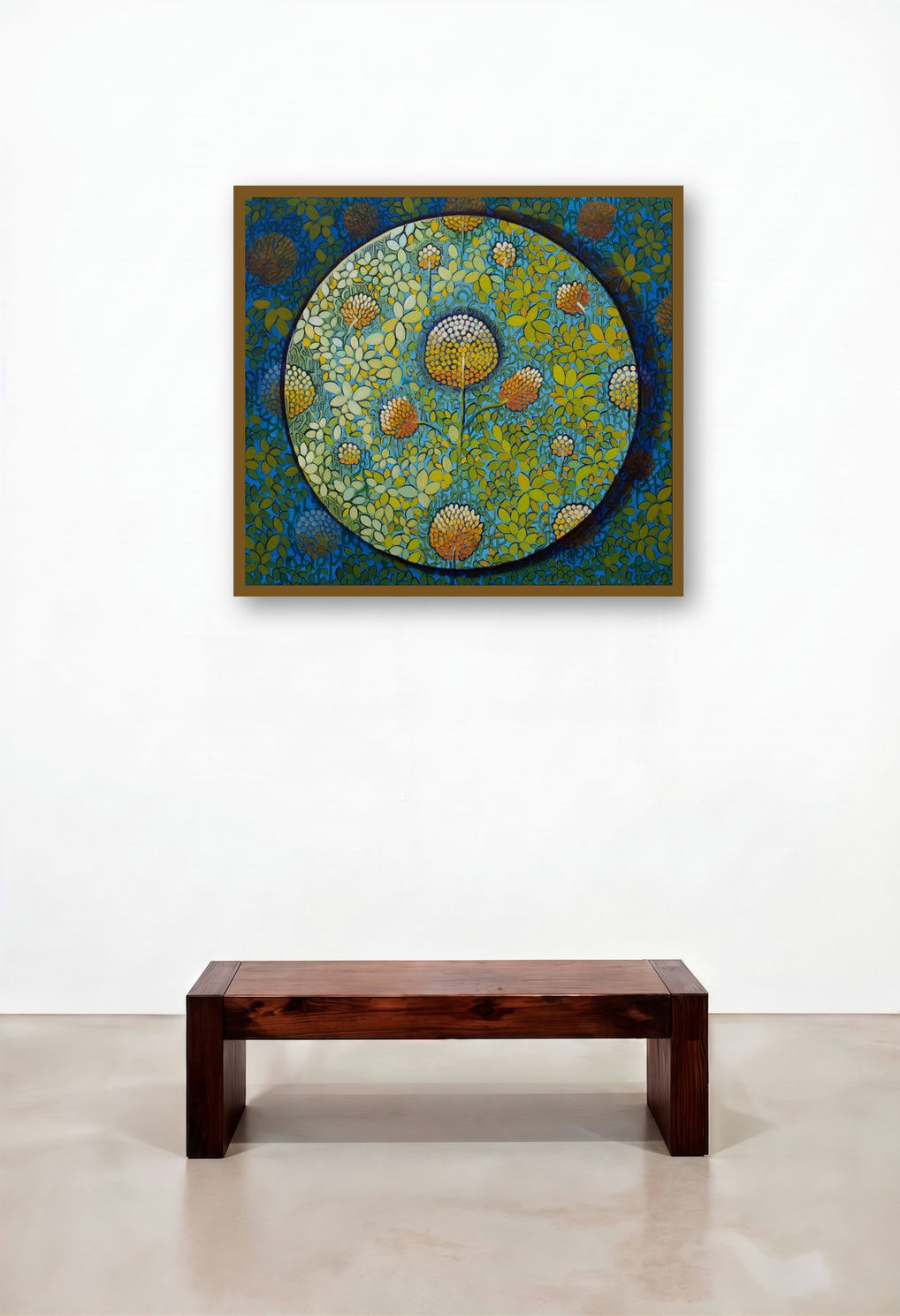 Prakriti Series 2 (Blooming Circles) by artist Nitu Chhajer displayed in a Traditional Library