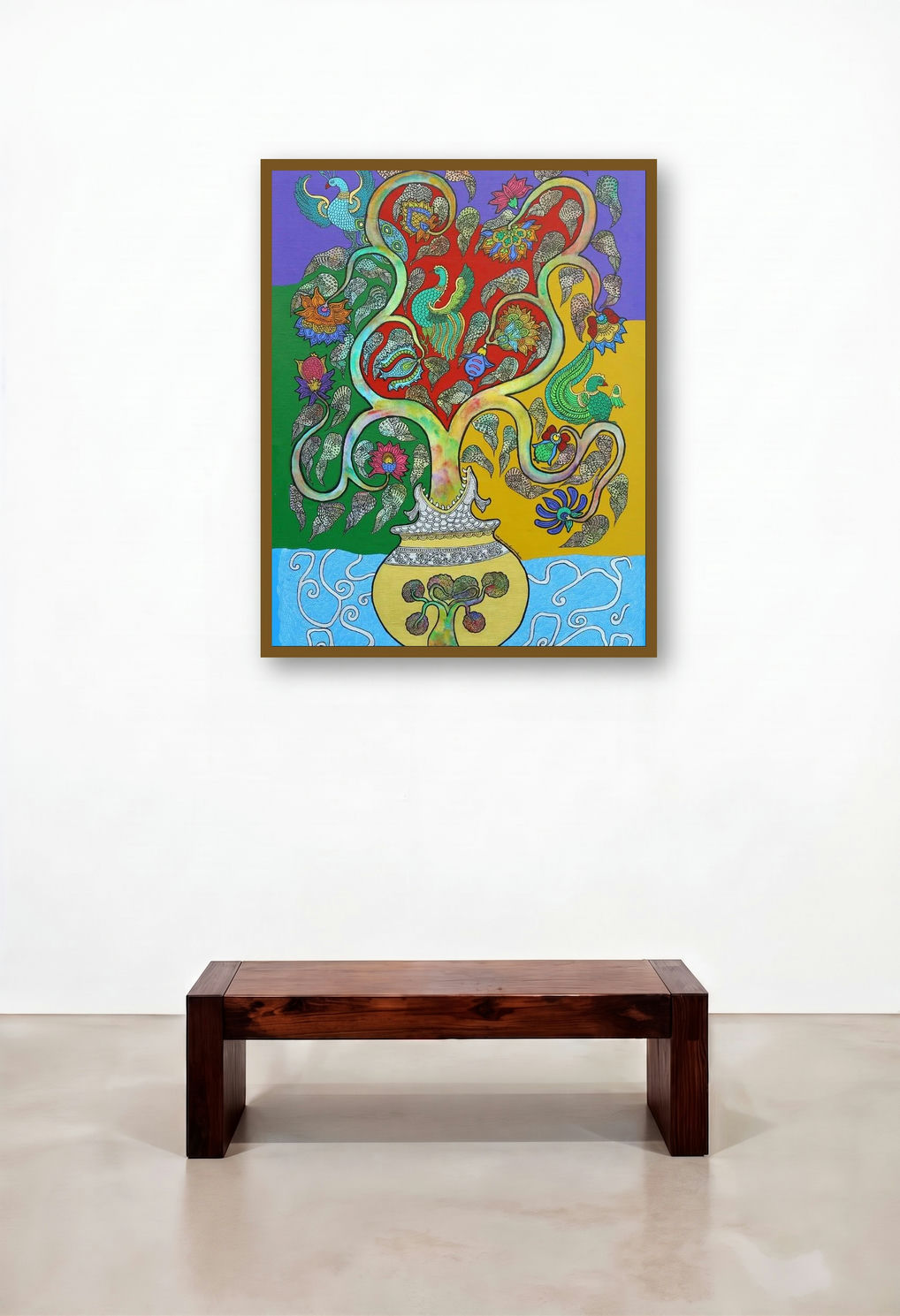 Prakruthi 11 (Tree of Life and Birds) by artist Neeraja Kongara displayed in a Boutique Hotel Style Home Office