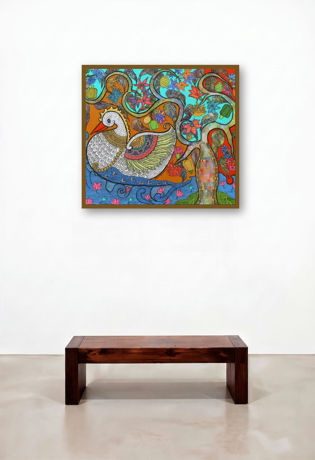Prakruthi 2 (The Sacred Bird) by artist Neeraja Kongara displayed in a Modern Bedroom
