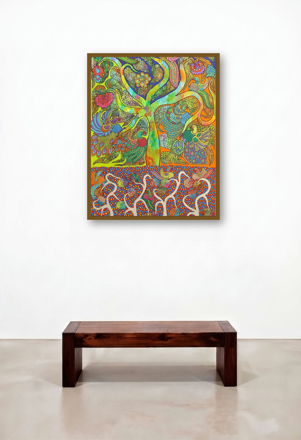 Prakruthi 3 (Tree of Life and Birds) by artist Neeraja Kongara displayed in a Eclectic Executive Office