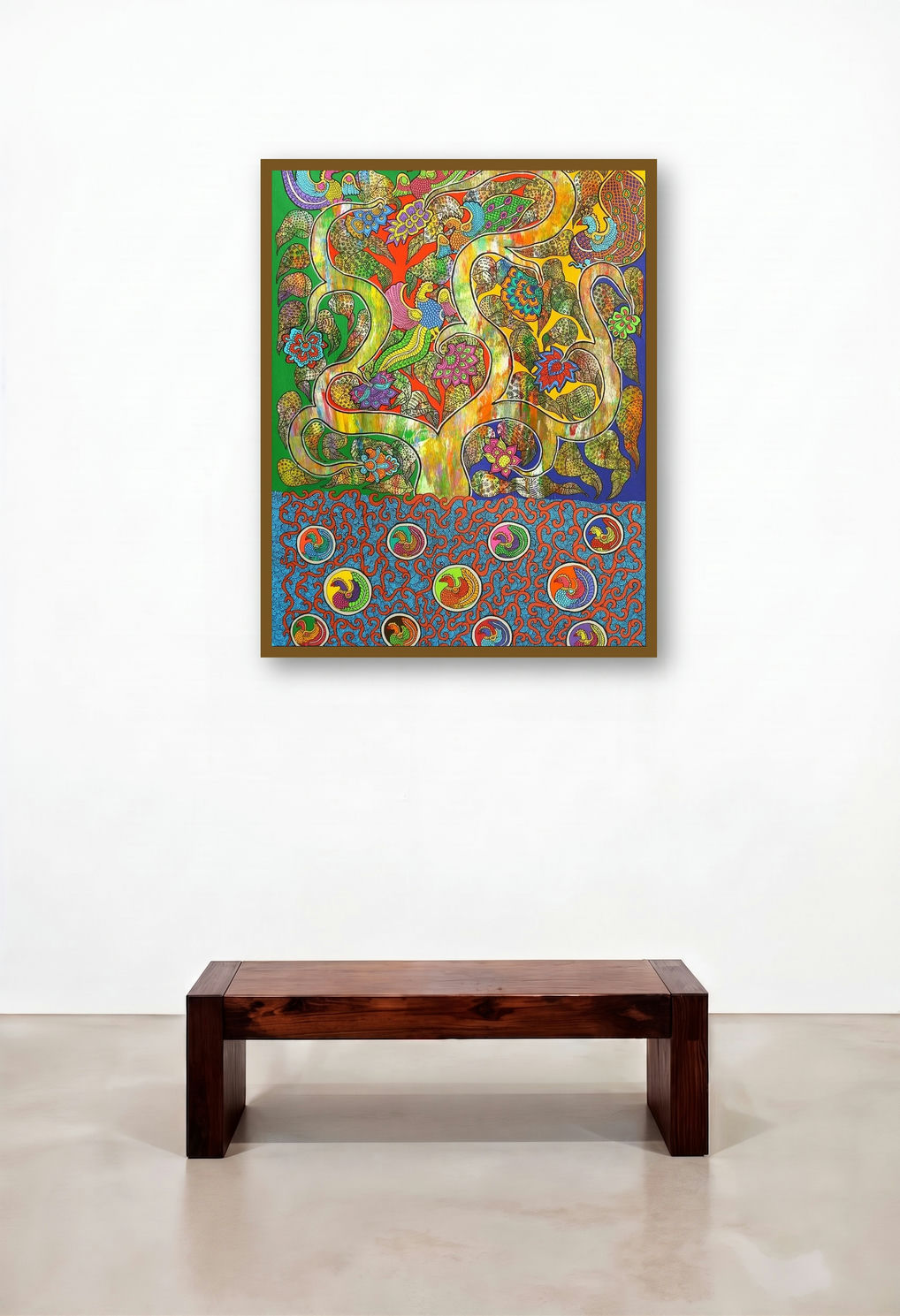 Prakruthi 4 (Tree of Life and Birds) by artist Neeraja Kongara displayed in a Urban Loft Hotel Lobby