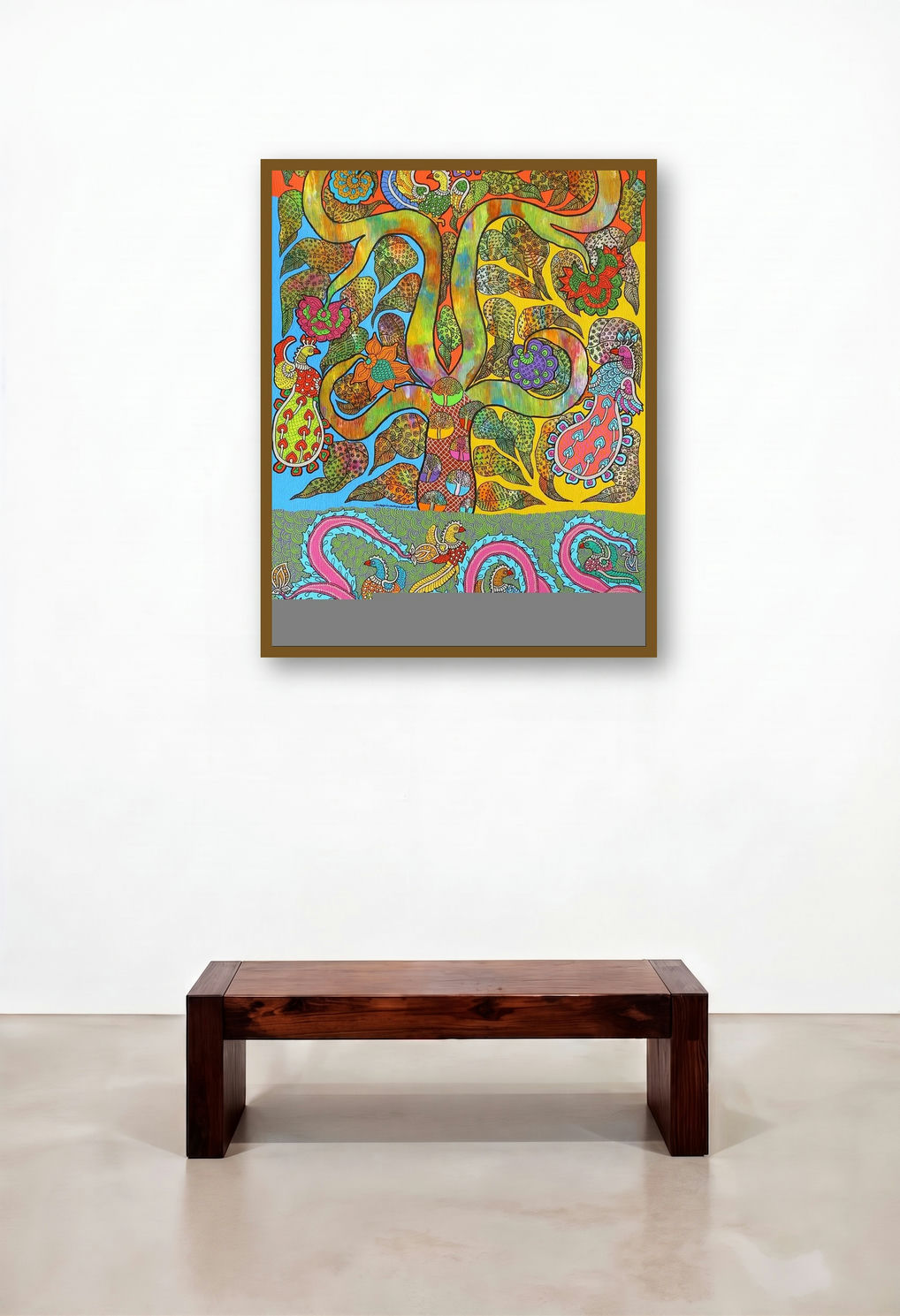 Prakruthi 5 (Tree of Life and Birds) by artist Neeraja Kongara displayed in a Mid-Century Modern Reception Area