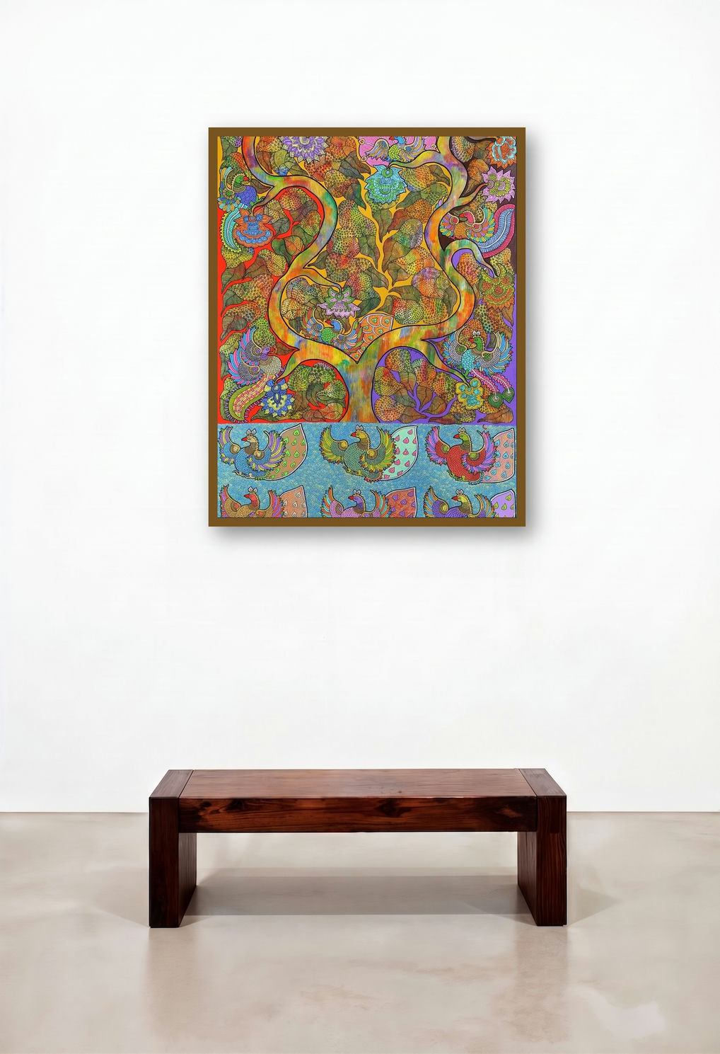 Prakruthi 7 (Tree of Life and Birds) by artist Neeraja Kongara displayed in a Rustic Lounge