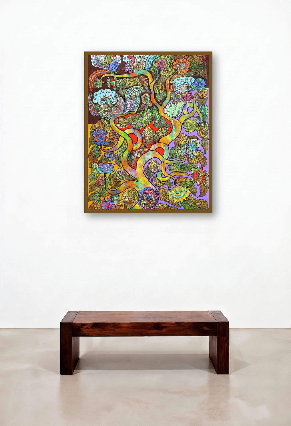 Prakruthi 9 (Tree of Life and Birds) by artist Neeraja Kongara displayed in a Japandi Home Office
