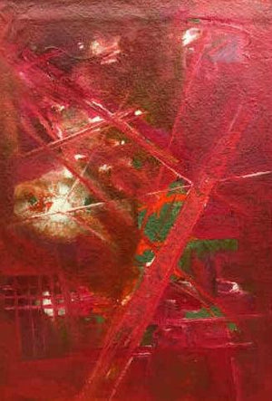 Prakruti Series 11 (Crimson Cosmos**) by Nandkishor Thorat, Original Acrylic Abstract Painting on Paper, X-Small Vertical Wall Art