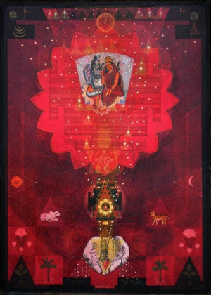 Pranam (Shiva Shakti) by Atin Mitra, Original Tempera Religious Painting on Board, Medium Vertical Wall Art