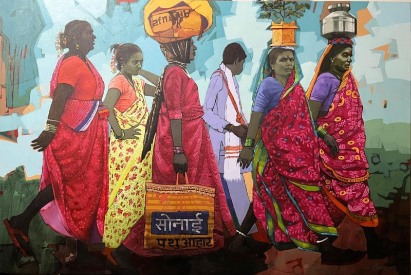 'Prarambh' figurative acrylic painting by artist Navnath Kshirsagar, 48x72 inch, on canvas