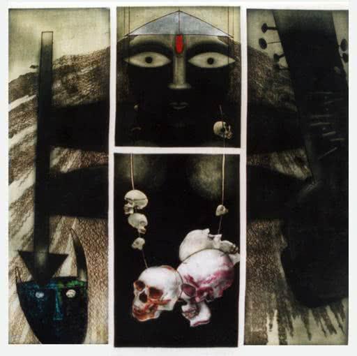 Surrealist hand print titled 'Pray For Peace II', 19x19 inches, by artist Anup Mitra on Canvas