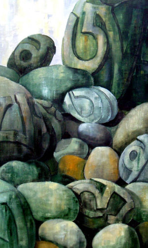 Prayer Rocks by Suruchi Jamkar, Original Acrylic Surrealist Painting on Canvas, Small Vertical Wall Art
