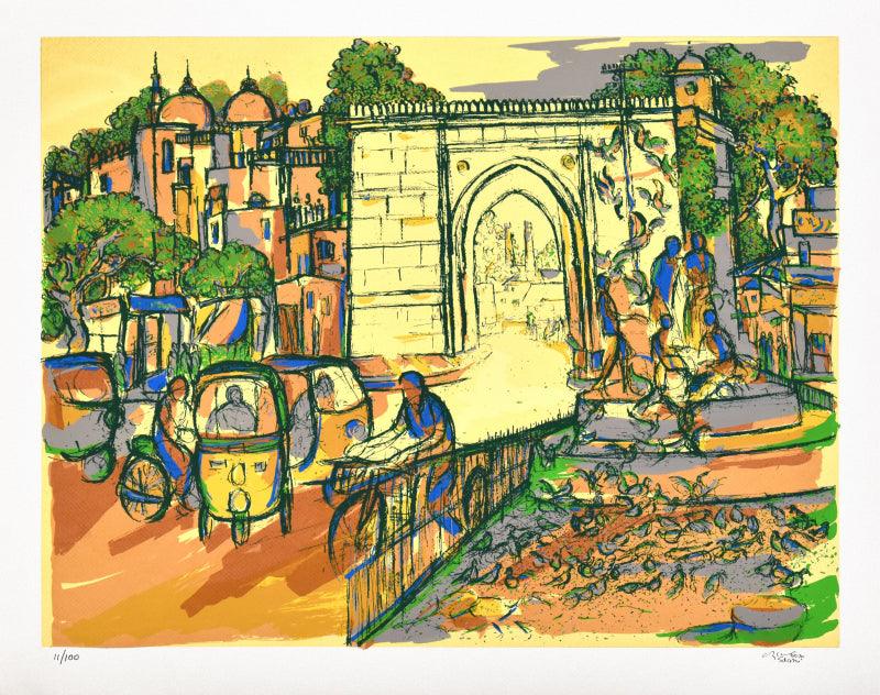 Cityscape serigraphs painting titled 'Prem Darwaza', 24x30 inches, by artist Vrindavan Solanki on Paper