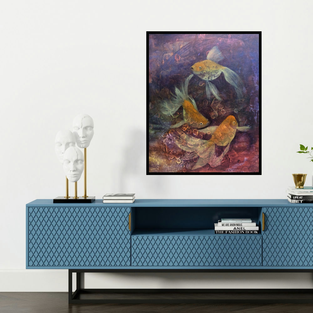 'Preserve The Ocean (Golden Dance)' painting by Priya Yabaluri shown on a wall in a furnished room.