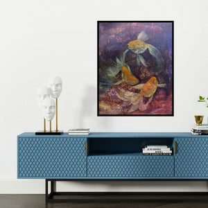 'Preserve The Ocean (Golden Dance)' painting by Priya Yabaluri shown on a wall in a furnished room.
