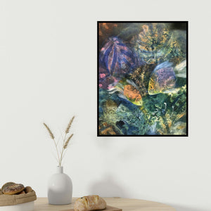 Priya Yabaluri's 'Preserve The Ocean (Coral Reef Dreams)' painting visualized above a sofa in a contemporary room.