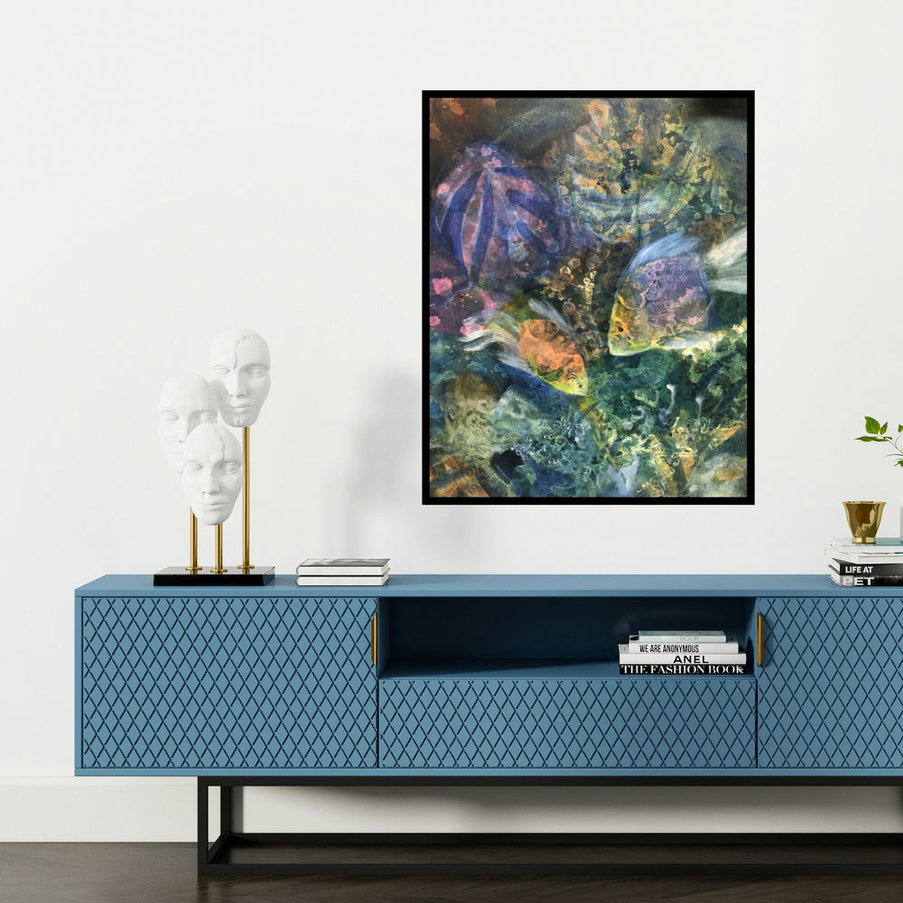 'Preserve The Ocean (Coral Reef Dreams)' painting by Priya Yabaluri shown on a wall in a furnished room.