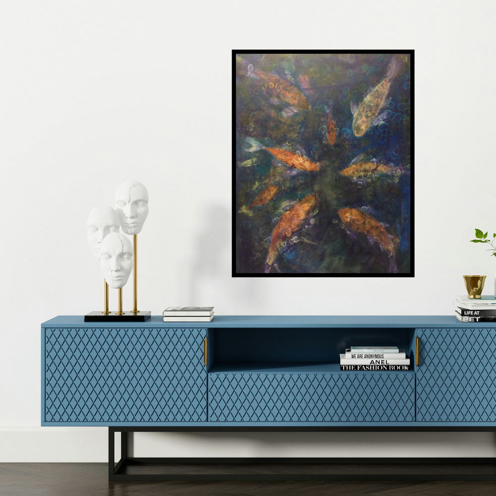 'Preserve The Ocean (Koi Pond Glow)' painting by Priya Yabaluri shown on a wall in a furnished room.
