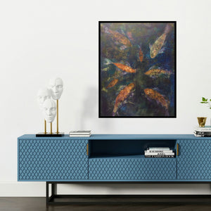 'Preserve The Ocean (Koi Pond Glow)' painting by Priya Yabaluri shown on a wall in a furnished room.