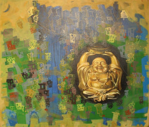 Preserveing Lough For All (Laughing Buddha in the City) by Shitangshu Mondal, Original Acrylic Contemporary Painting on Canvas, Large Horizontal Wall Art