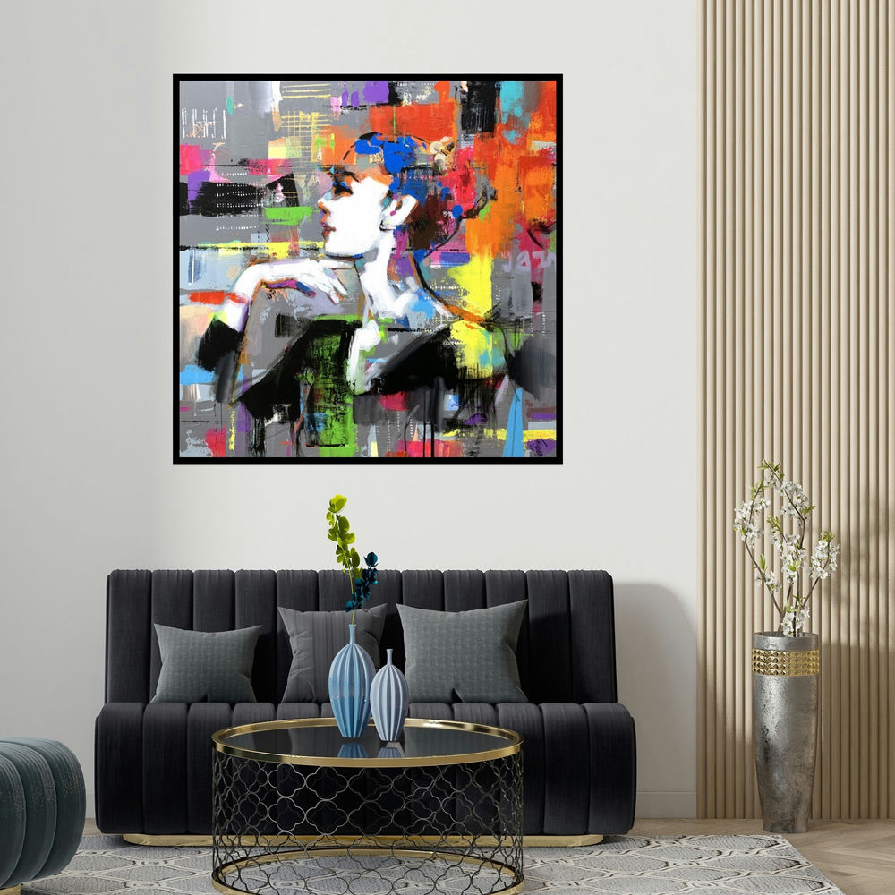 Niladri Paul's 'Prismatic Dreams (Pensive Beauty)' painting visualized above a sofa in a contemporary room.