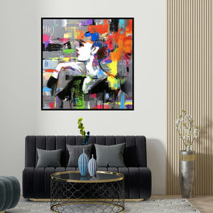 Niladri Paul's 'Prismatic Dreams (Pensive Beauty)' painting visualized above a sofa in a contemporary room.