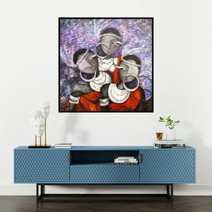 'Pristeens (Silent Communion)' painting by Sarang Singla shown on a wall in a furnished room.