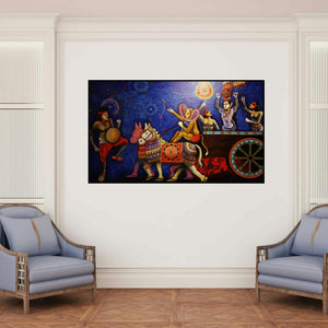'Procession Of Culture (A Divine Journey)' painting by Kanha Behera shown on a wall in a furnished room.