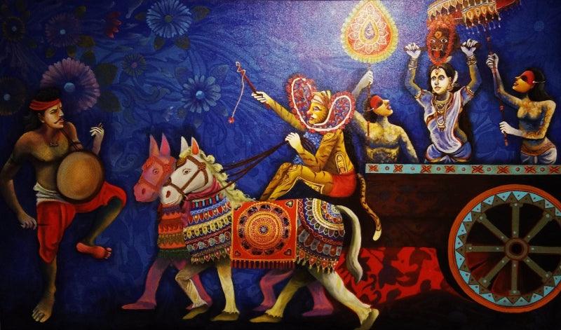 Religious acrylic painting titled 'Procession Of Culture', 36x60 inches, by artist Kanha Behera on Canvas