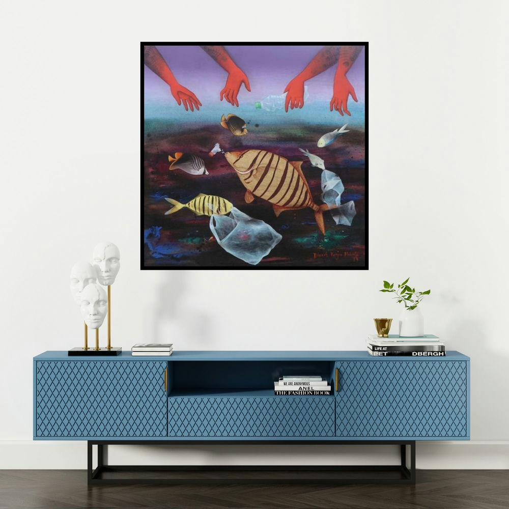 'Protect Us (Polluted Waters)' painting by Bikash Mohanta shown on a wall in a furnished room.
