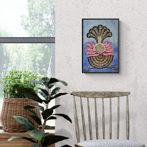 Pooja Mhatre's painting 'Protector 2 (Cosmic Serpent Meditation)' displayed in a modern living room setting