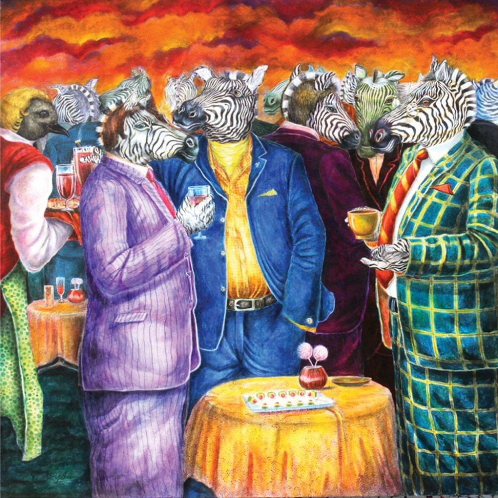 Lifestyle mixed media painting titled 'Pseudo Society', 48x48 inches, by artist Minal Rajurkar on Canvas