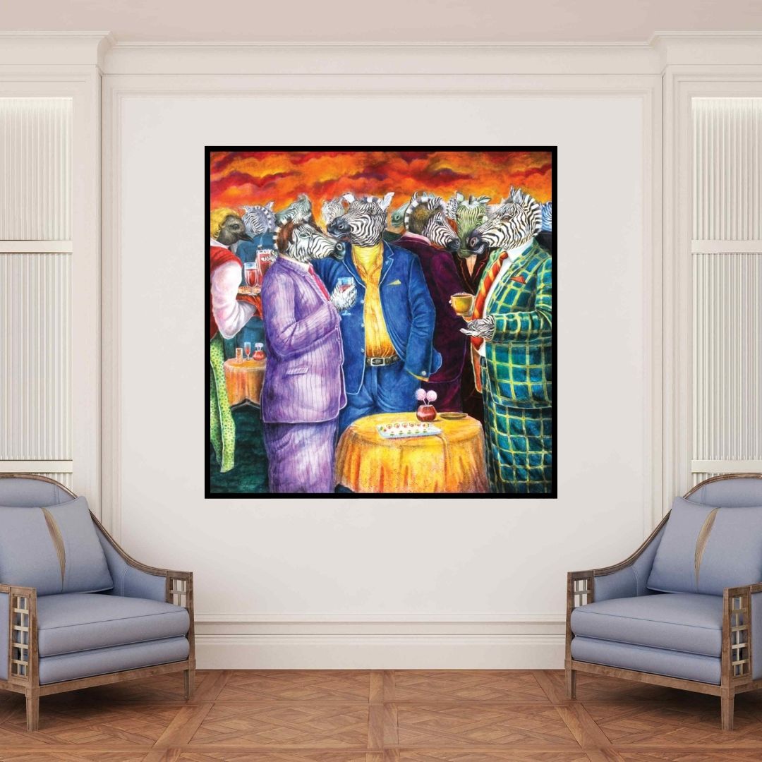 In-situ view of Minal Rajurkar's 'Pseudo Society (Zebra Dudes Socializing)' painting in a room