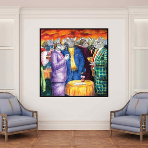 In-situ view of Minal Rajurkar's 'Pseudo Society (Zebra Dudes Socializing)' painting in a room