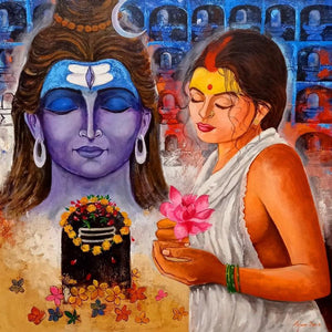 Religious acrylic painting titled 'Pujarin Of Shiva', 36x36 inches, by artist Arjun Das on Canvas