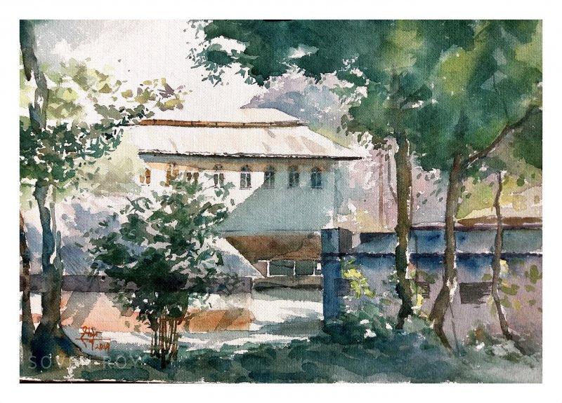 Landscape watercolor painting titled 'Pune University', 14x10 inches, by artist Soven Roy on Paper