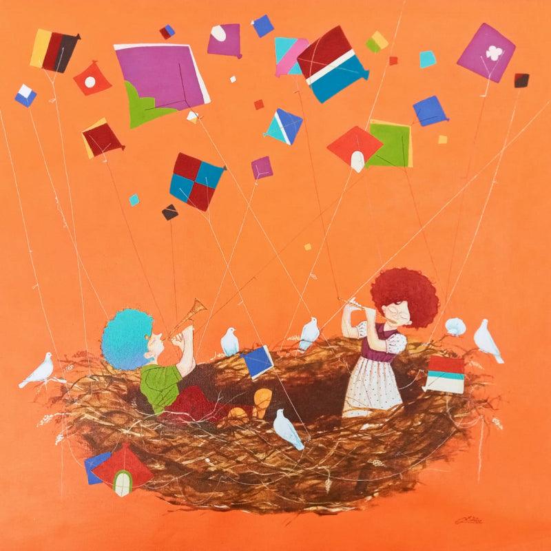 Figurative acrylic painting titled 'Puppy And Chicky 1', 24x24 inches, by artist Shiv Kumar Soni on Canvas